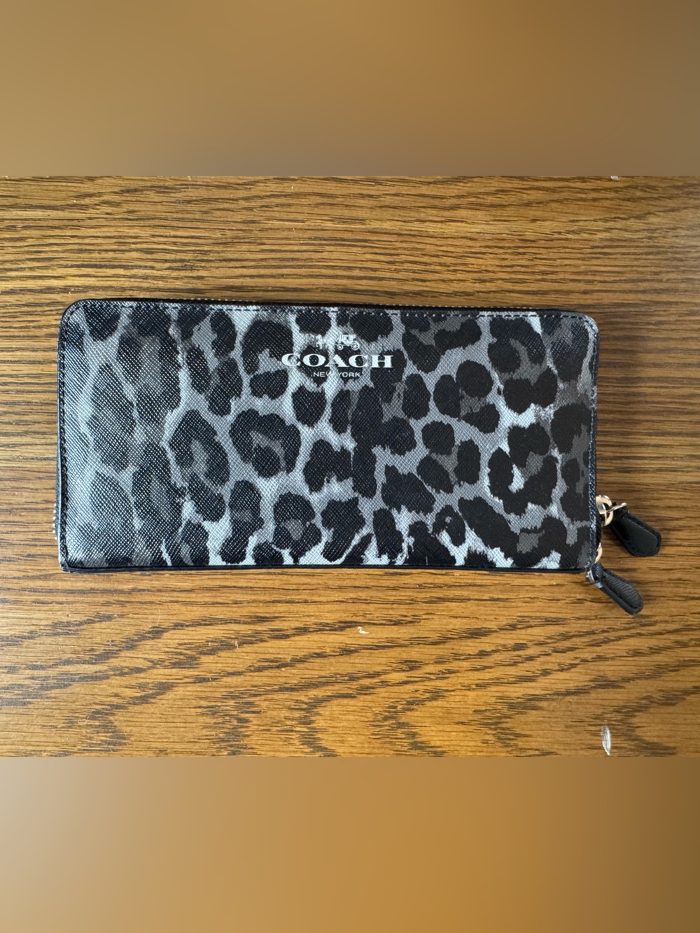 Coach Leopard Print Zip Around Wallet in Black and Gray